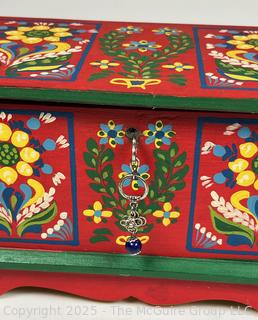 Folk Art Painted Wooden Chest, Made in Krakow Poland by Milenium Studios with Artist Name on Lable. 10 x 5 x 5"