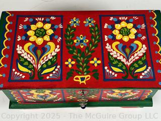 Folk Art Painted Wooden Chest, Made in Krakow Poland by Milenium Studios with Artist Name on Lable. 10 x 5 x 5"
