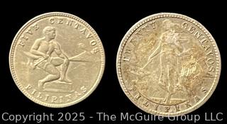 Two (2) United States of America Philippino Coins. 1917 Silver 20 Centavos & 1930 nickel-copper 5 centavos coins