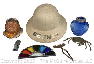 Group Including Pith Helmet, Sun Catcher, Brass Crab Box, Vintage Dorham Rope Splicer and Tool Marine Metal 6" 