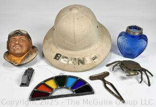 Group Including Pith Helmet, Sun Catcher, Brass Crab Box, Vintage Dorham Rope Splicer and Tool Marine Metal 6" 