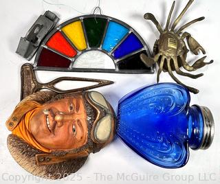 Group Including Pith Helmet, Sun Catcher, Brass Crab Box, Vintage Dorham Rope Splicer and Tool Marine Metal 6" 
