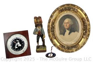 Eclectic Lot Including World Clock, CIA Tree Ornament, Hiker and Litho of George Washington in Oval Frame.