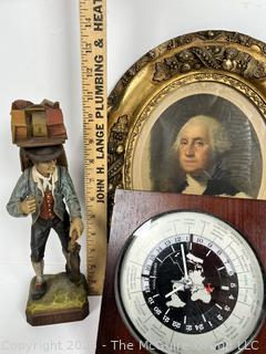 Eclectic Lot Including World Clock, CIA Tree Ornament, Hiker and Litho of George Washington in Oval Frame.