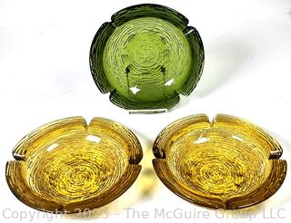 Set of Three (3) Mid Century Anchor Hocking Soreno Avocado Green and Amber Yellow Pressed Bark Glass Ashtrays