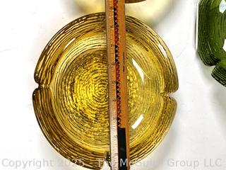 Set of Three (3) Mid Century Anchor Hocking Soreno Avocado Green and Amber Yellow Pressed Bark Glass Ashtrays