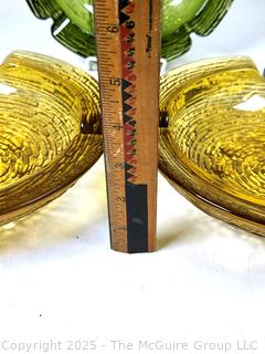 Set of Three (3) Mid Century Anchor Hocking Soreno Avocado Green and Amber Yellow Pressed Bark Glass Ashtrays