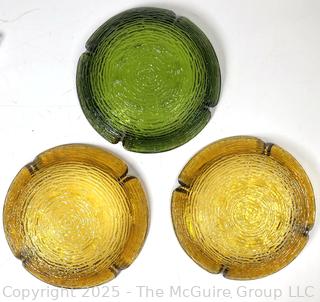 Set of Three (3) Mid Century Anchor Hocking Soreno Avocado Green and Amber Yellow Pressed Bark Glass Ashtrays