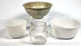 Three (3) Mixing Bowls Including Texas Ware Melmac and Glassbake Milk Glass for Sunbeam and Glass Pitcher.