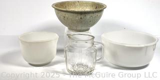 Three (3) Mixing Bowls Including Texas Ware Melmac and Glassbake Milk Glass for Sunbeam and Glass Pitcher.