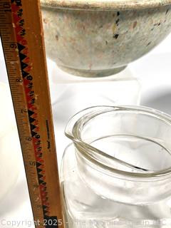 Three (3) Mixing Bowls Including Texas Ware Melmac and Glassbake Milk Glass for Sunbeam and Glass Pitcher.