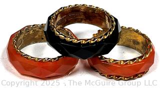 Three (3) Pre WWII Faceted Glass Rings with Chinese Silver Gilt Inset Bands. 