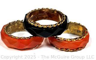 Three (3) Pre WWII Faceted Glass Rings with Chinese Silver Gilt Inset Bands. 