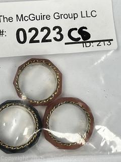 Three (3) Pre WWII Faceted Glass Rings with Chinese Silver Gilt Inset Bands. 