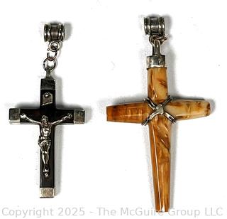 Two (2) Stone and Agate Crucifix Pendants with Sterling Silver 