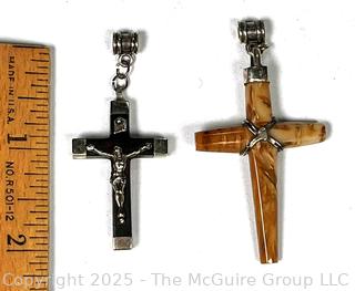 Two (2) Stone and Agate Crucifix Pendants with Sterling Silver 