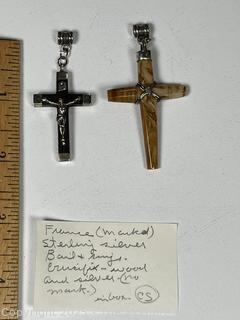 Two (2) Stone and Agate Crucifix Pendants with Sterling Silver 