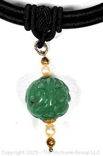Carved Green Williamsite Stone Pendant on Black Cord Necklace