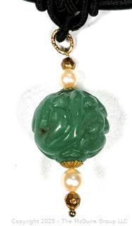 Carved Green Williamsite Stone Pendant on Black Cord Necklace