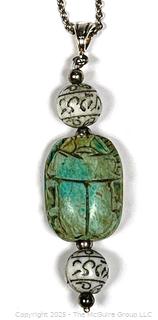 Carved Ceramic Scarab Beetle Pendant on Sterling Silver Necklace