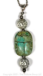 Carved Ceramic Scarab Beetle Pendant on Sterling Silver Necklace