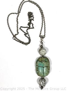 Carved Ceramic Scarab Beetle Pendant on Sterling Silver Necklace