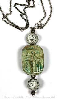 Carved Ceramic Scarab Beetle Pendant on Sterling Silver Necklace