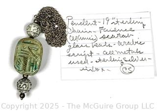 Carved Ceramic Scarab Beetle Pendant on Sterling Silver Necklace