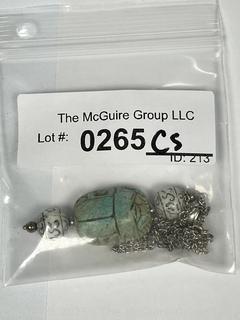 Carved Ceramic Scarab Beetle Pendant on Sterling Silver Necklace