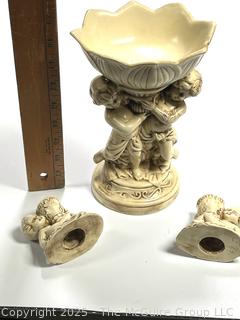 Three (3) Piece Pottery Candle Holders and Vase with Cherubs 