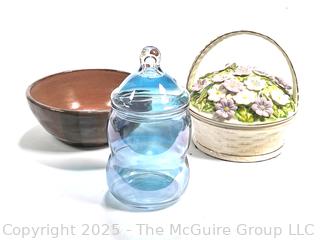 Hand Blown Blue Glass Ornament, Pottery Bowl and Porcelain Basket Box. 