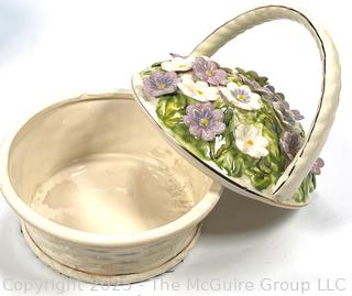 Hand Blown Blue Glass Ornament, Pottery Bowl and Porcelain Basket Box. 
