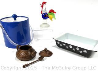 Blue Vinyl Ice Bucket, Blown Glass Rooster,  Pyrex "Snowflake" Casserole Dish and Carved Bowl. 