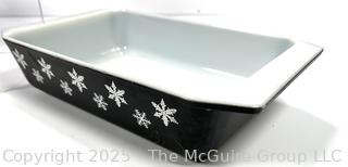 Blue Vinyl Ice Bucket, Blown Glass Rooster,  Pyrex "Snowflake" Casserole Dish and Carved Bowl. 