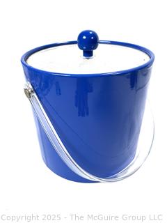 Blue Vinyl Ice Bucket, Blown Glass Rooster,  Pyrex "Snowflake" Casserole Dish and Carved Bowl. 