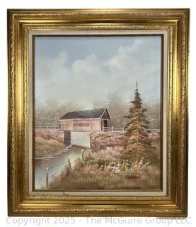 Gilt Framed Oil on Canvas of Covered Bridge Signed by Artist Charles.  28 x 32"