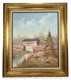 Gilt Framed Oil on Canvas of Covered Bridge Signed by Artist Charles.  28 x 32"