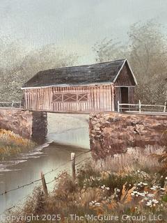 Gilt Framed Oil on Canvas of Covered Bridge Signed by Artist Charles.  28 x 32"