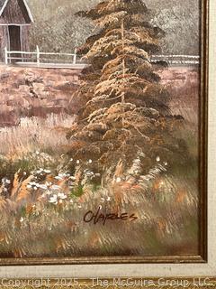 Gilt Framed Oil on Canvas of Covered Bridge Signed by Artist Charles.  28 x 32"