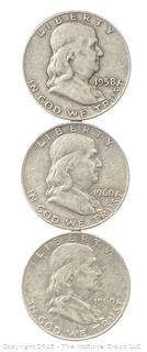 Three (3) Franklin Half Dollar Silver Coins - 1958 (D) 1960 (D) x2