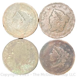 Three (3) US Liberty Coronet Head Large One Cent Coins and (1) Flowing Hair Large Cent 