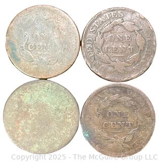 Three (3) US Liberty Coronet Head Large One Cent Coins and (1) Flowing Hair Large Cent 