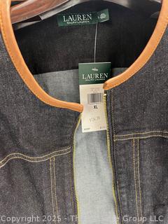 Women's Ralph Lauren Blue Zip Up Denim Jacket with Brown Trim. Size XL, New with Tag.