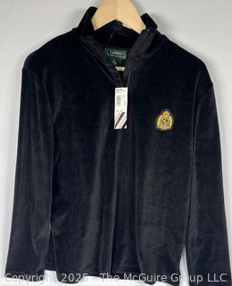 Women's Ralph Lauren Black Velour Quarter Zip Pull Over with Crest. Size Large, New with Tag.