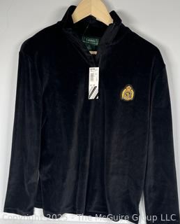 Women's Ralph Lauren Black Velour Quarter Zip Pull Over with Crest. Size Large, New with Tag.