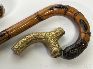 Three (3) Canes, Walking Sticks and Converted Umbrella,Plus a Brass Cane Top.