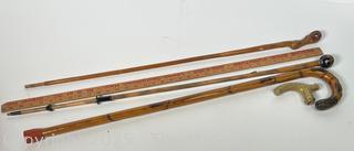 Three (3) Canes, Walking Sticks and Converted Umbrella,Plus a Brass Cane Top.