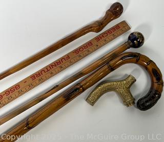 Three (3) Canes, Walking Sticks and Converted Umbrella,Plus a Brass Cane Top.