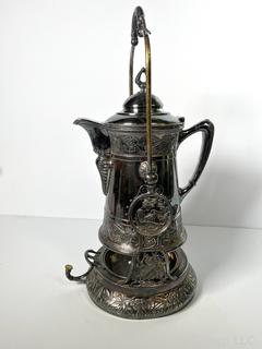 C 1850's Victorian Silver Plated Tilting Water Pitcher and Stand. Measures 22" Tall with Handle Up