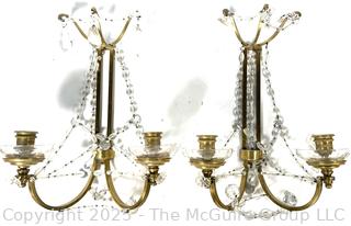 Pair of Neoclassical Two Light Crystal Wall Mount Candle Sconces